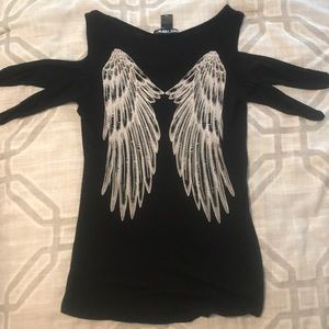 black shirt with angel wings on back